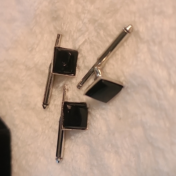 Vintage cufflinks silver tone with faux black stone - Picture 1 of 5